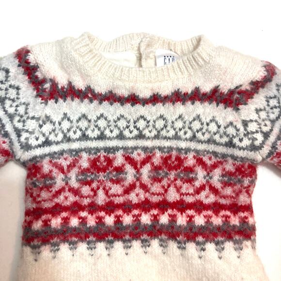 Gap Baby Newborn White Red Fair Isle Wool Button Cozy Winter One Piece Outfit - Picture 4 of 9